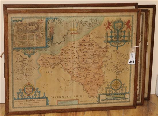 John Speed (1552-1629), four County maps of Wales, later hand-coloured, plate sizes 38.5 x 51cm